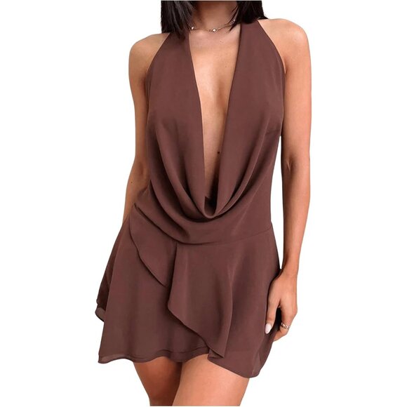 Dresses & Skirts - Women's Chiffon Halter Backless Ruffle Tiered Party Mini Dress